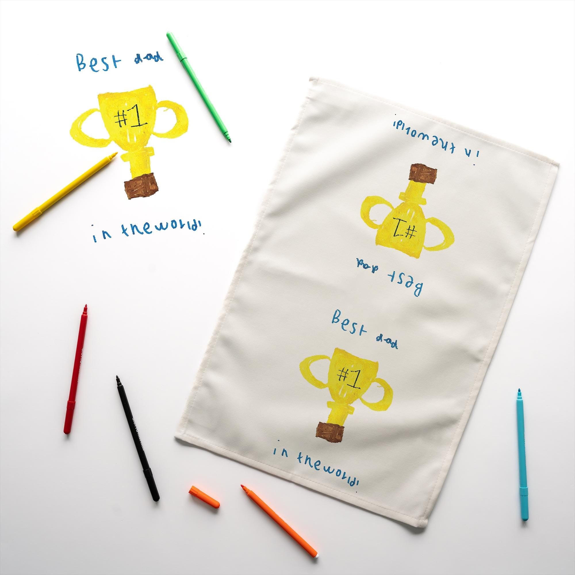 Personalised Children’s Artwork Tea Towel – Custom Kids Drawing Gift for Him | Dad, Grandad Kitchen T-Towel